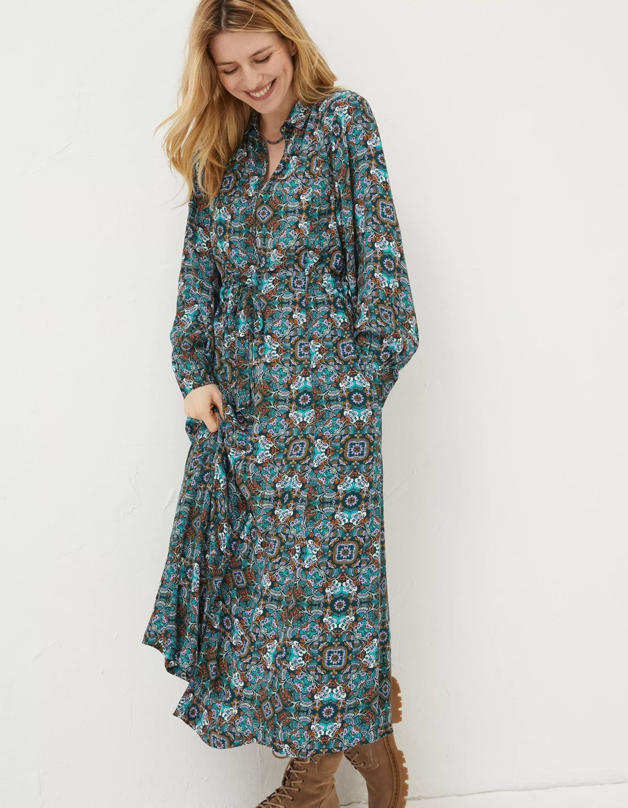 Flash Sale FatFace Swinley Mirrored Midi Dress Teal Green
