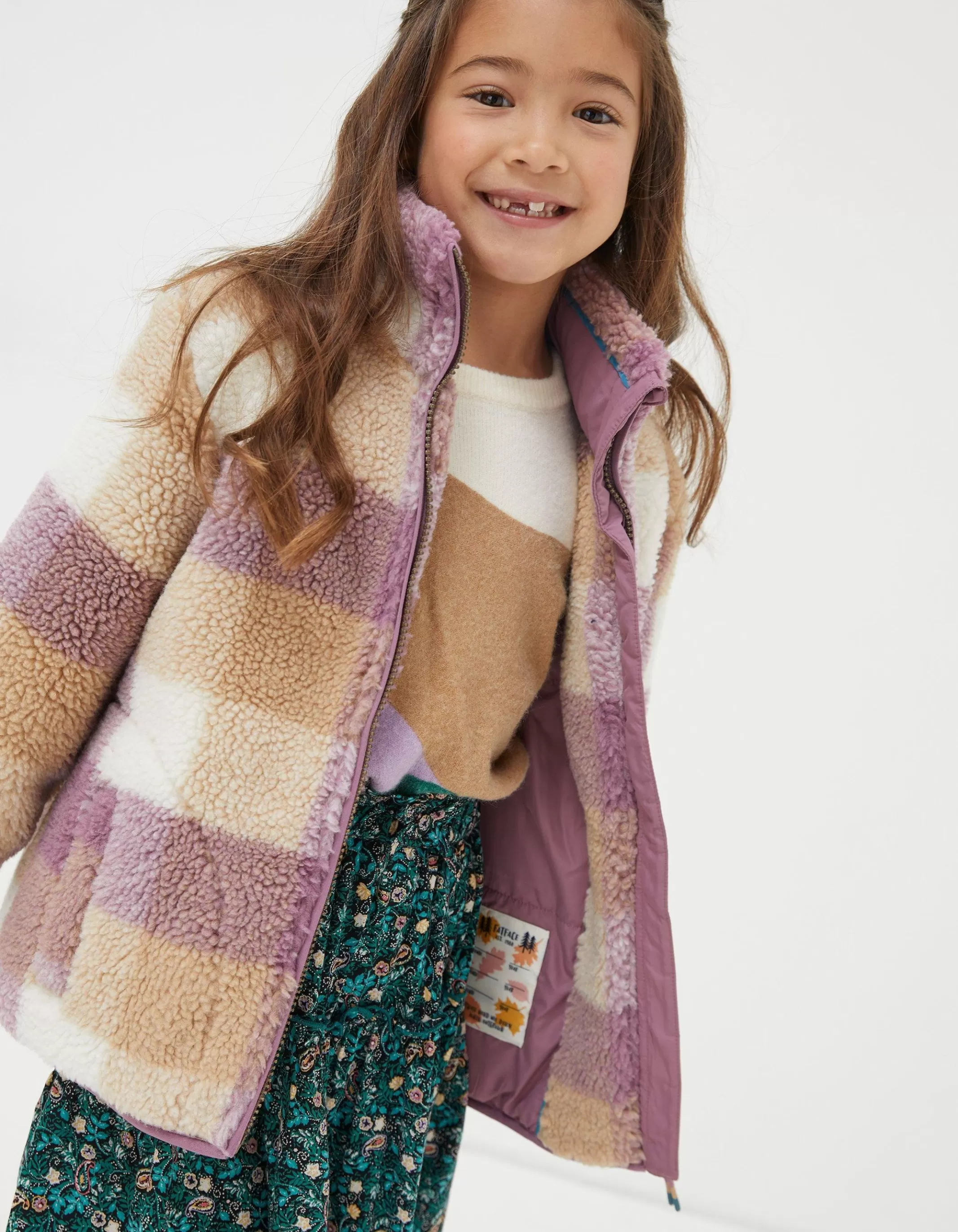 Online FatFace Teddy Check Coat Lilac