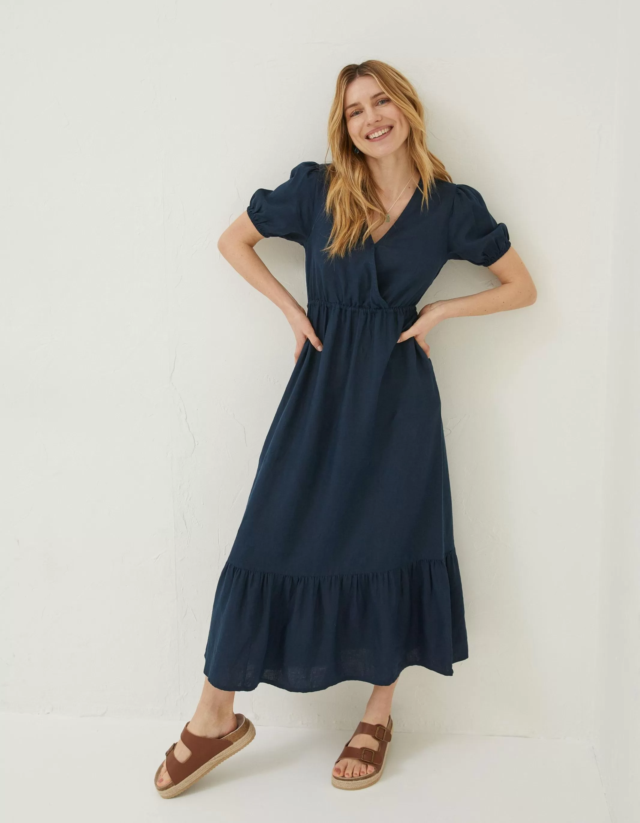 Hot FatFace Vivvie Linen Midi Dress Navy