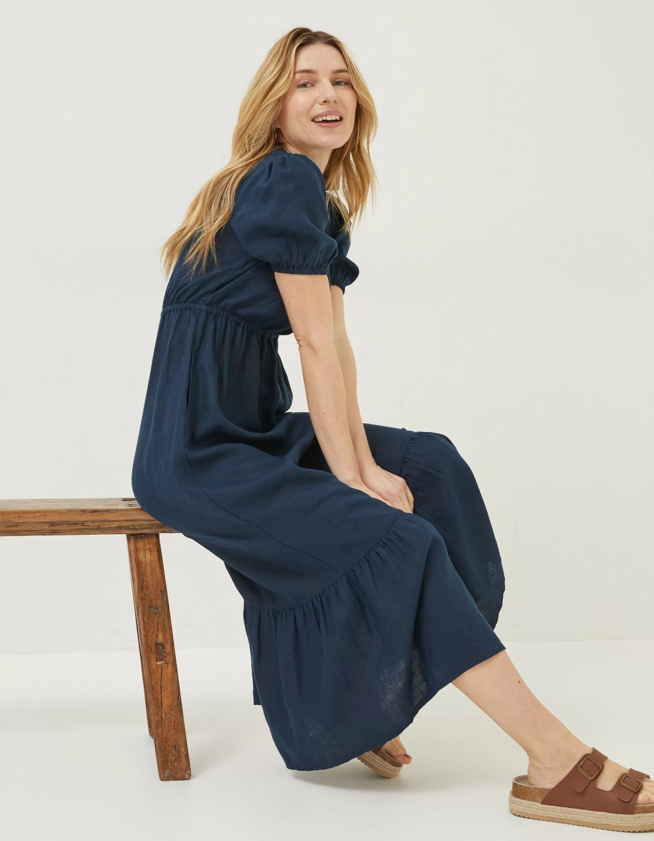 Hot FatFace Vivvie Linen Midi Dress Navy