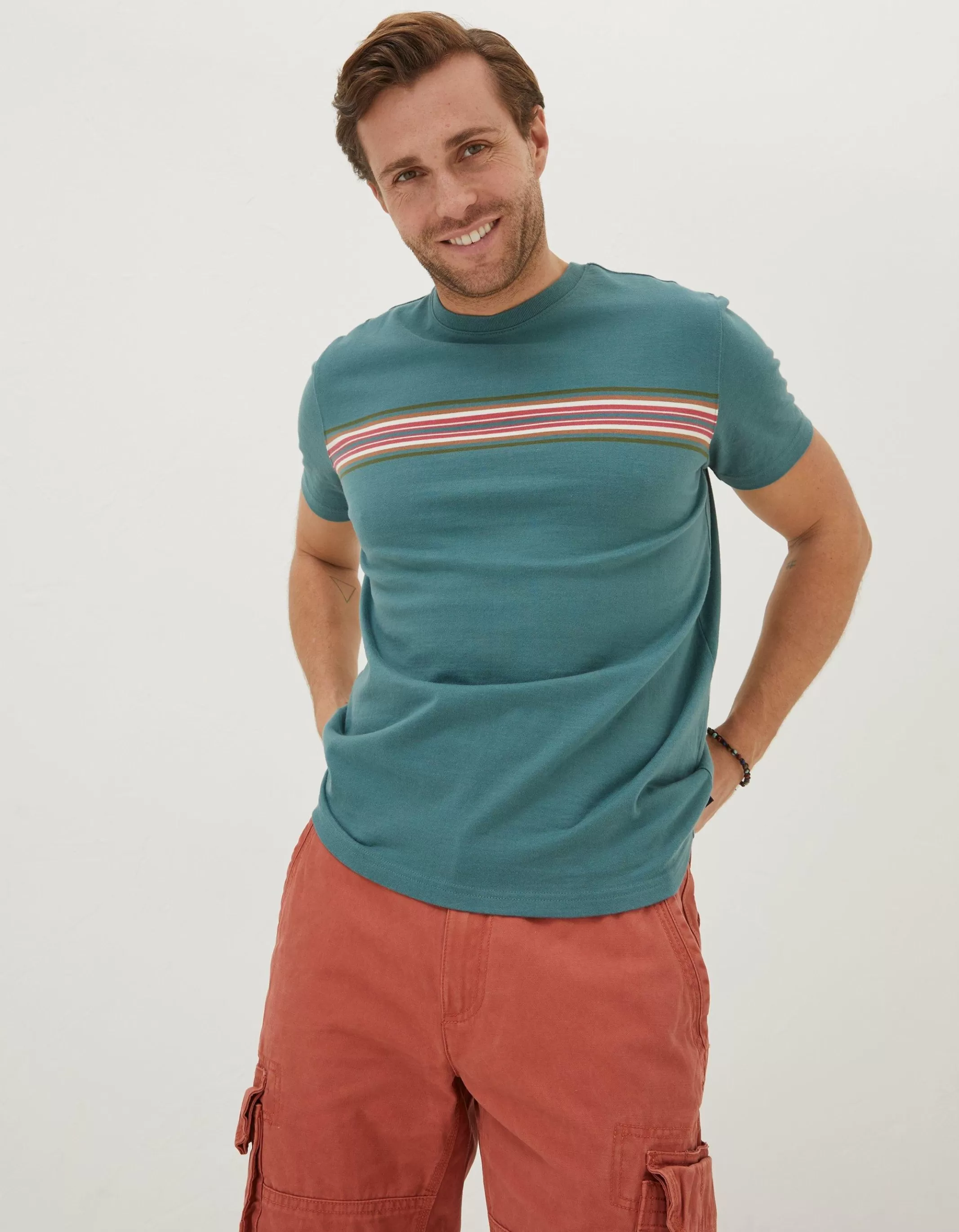 Fashion FatFace West Bay Chest Stripe T-Shirt Teal Green