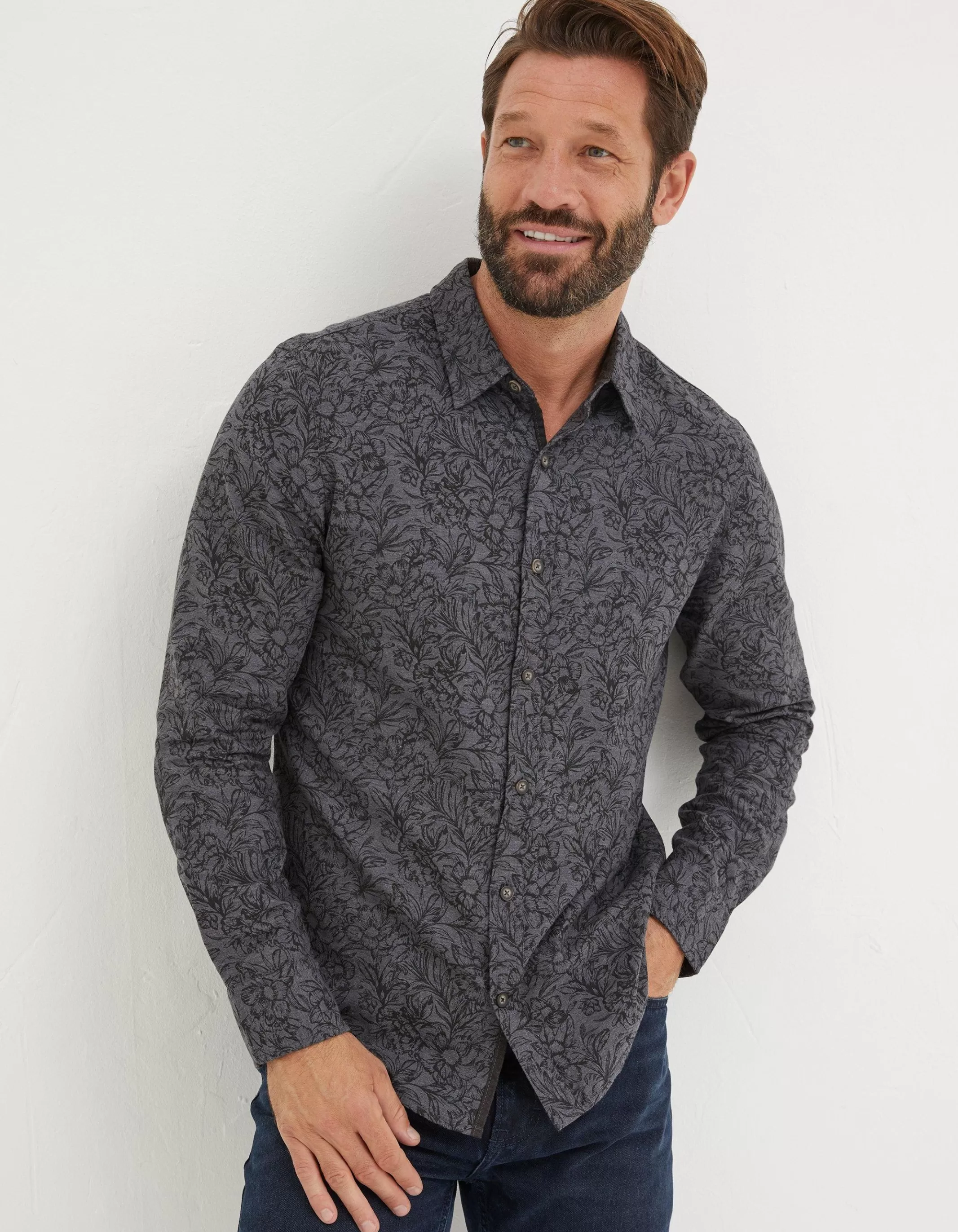Discount FatFace Wild Floral Print Shirt Charcoal Marl