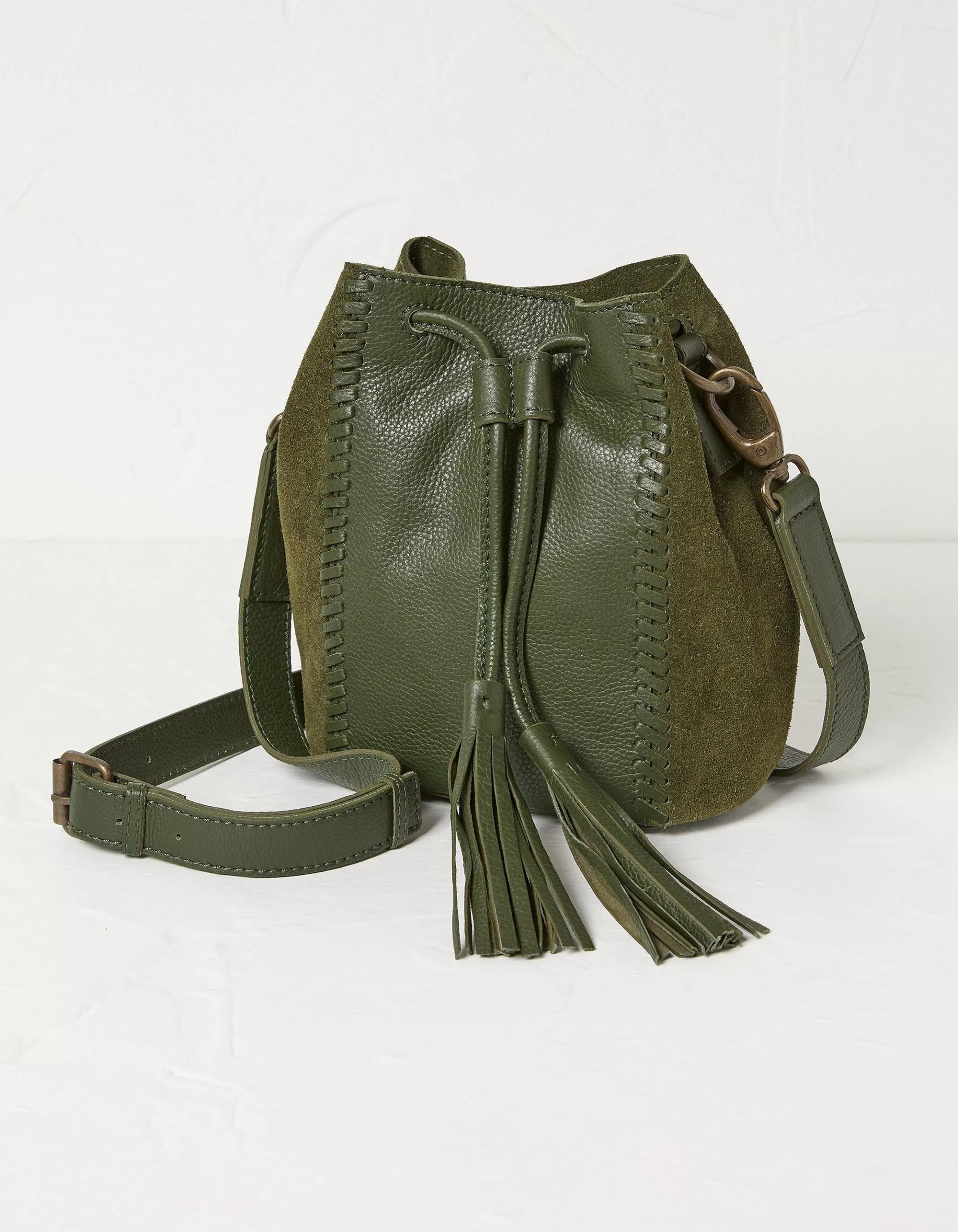 Discount FatFace Winalie Leather Mini Bucket Bag Khaki Green
