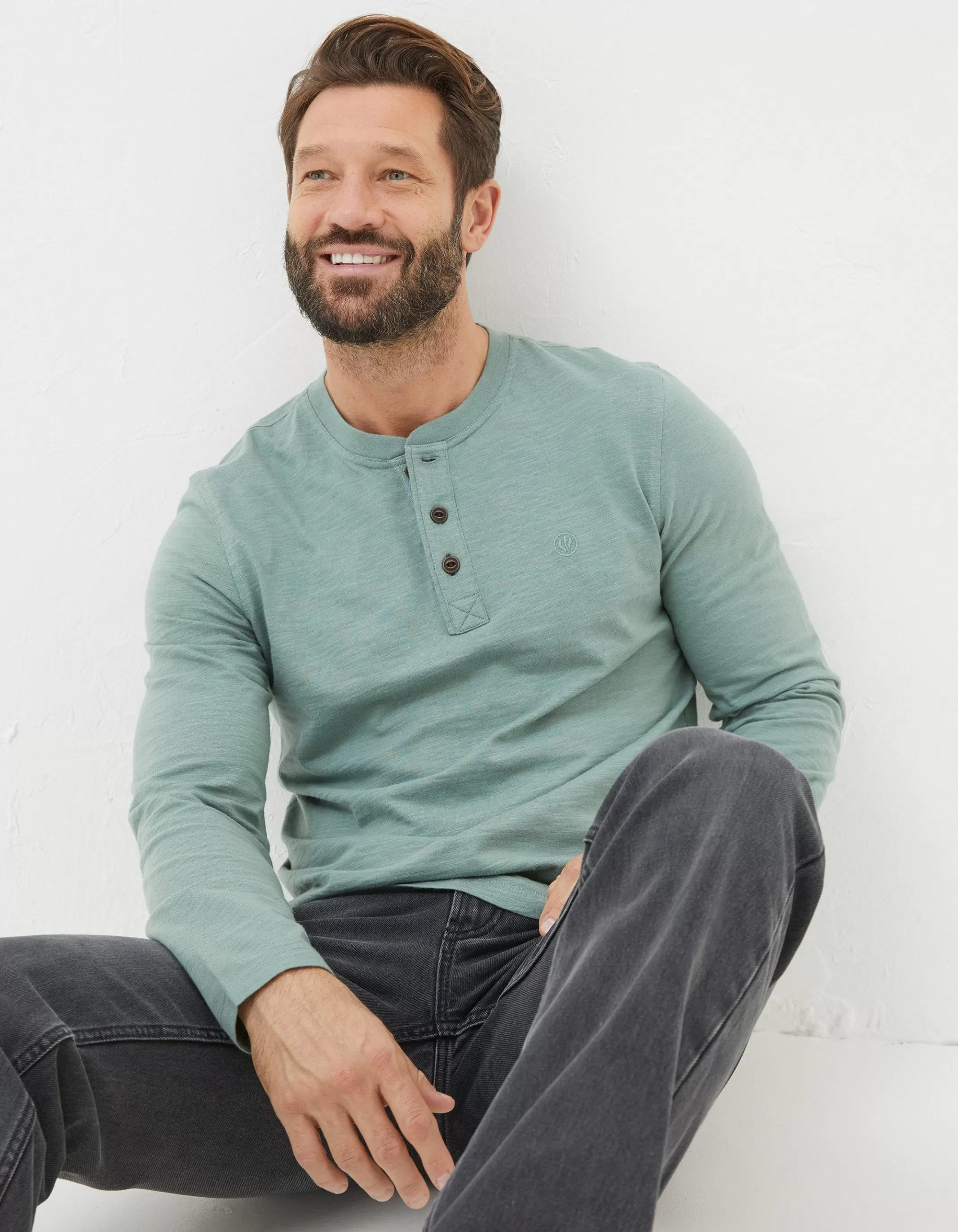 Cheap FatFace Woodside Slub Cotton Henley Sage Green